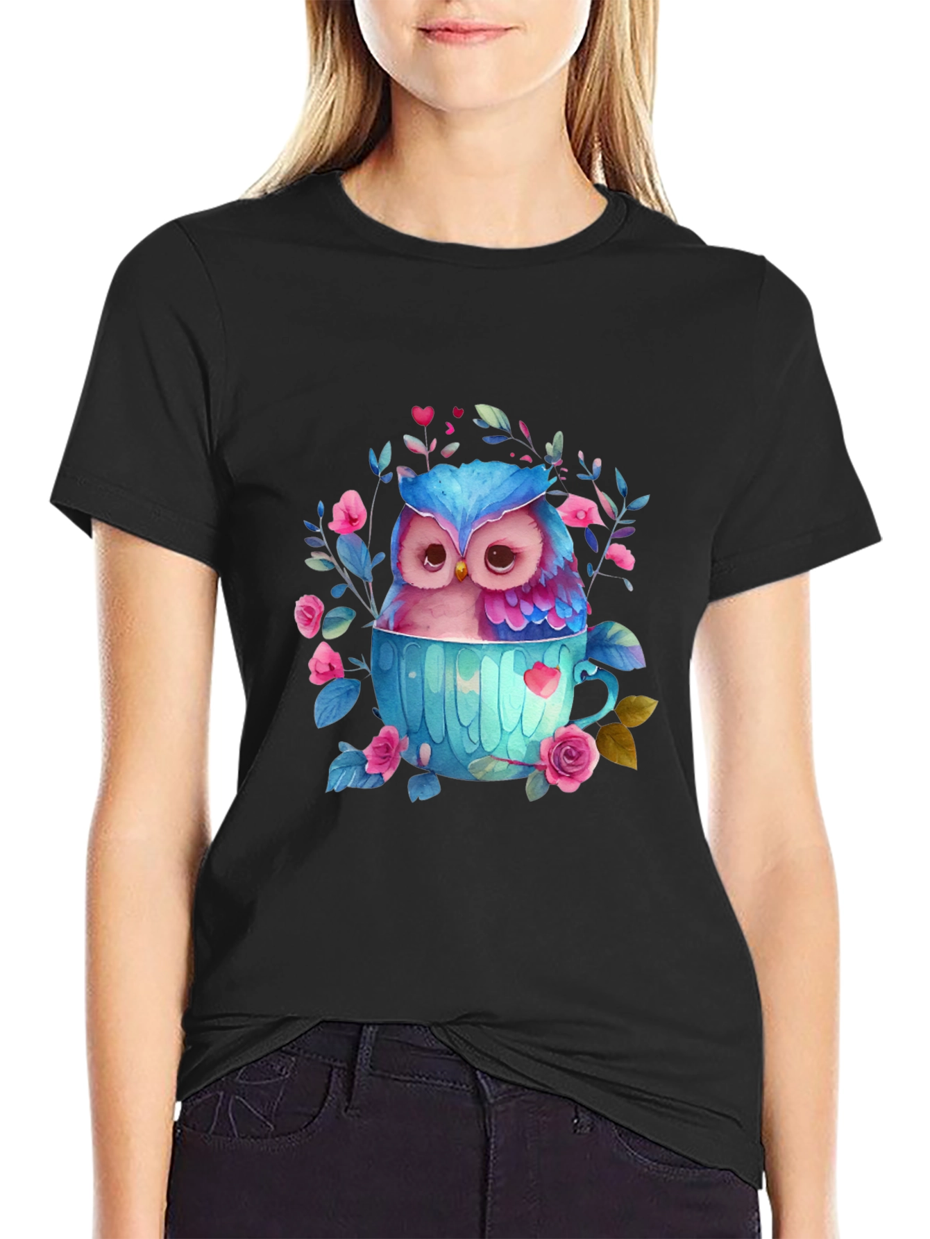 Owl in Teacup Graphic Tee - Cute Bird T-Shirt