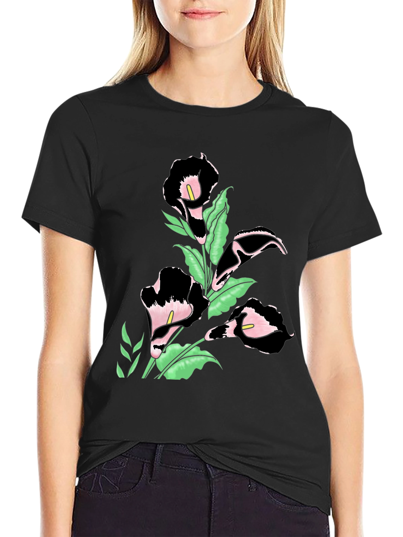 Elegant Floral Print Black T-Shirt