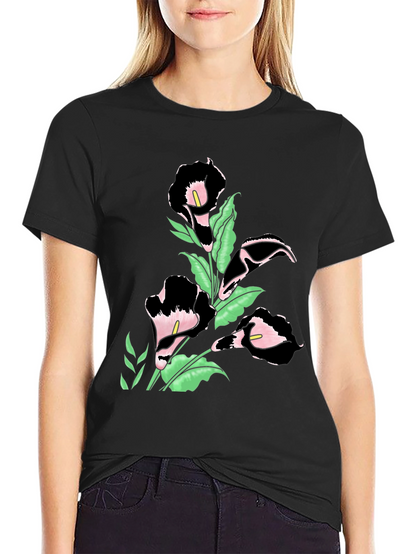 Elegant Floral Print Black T-Shirt