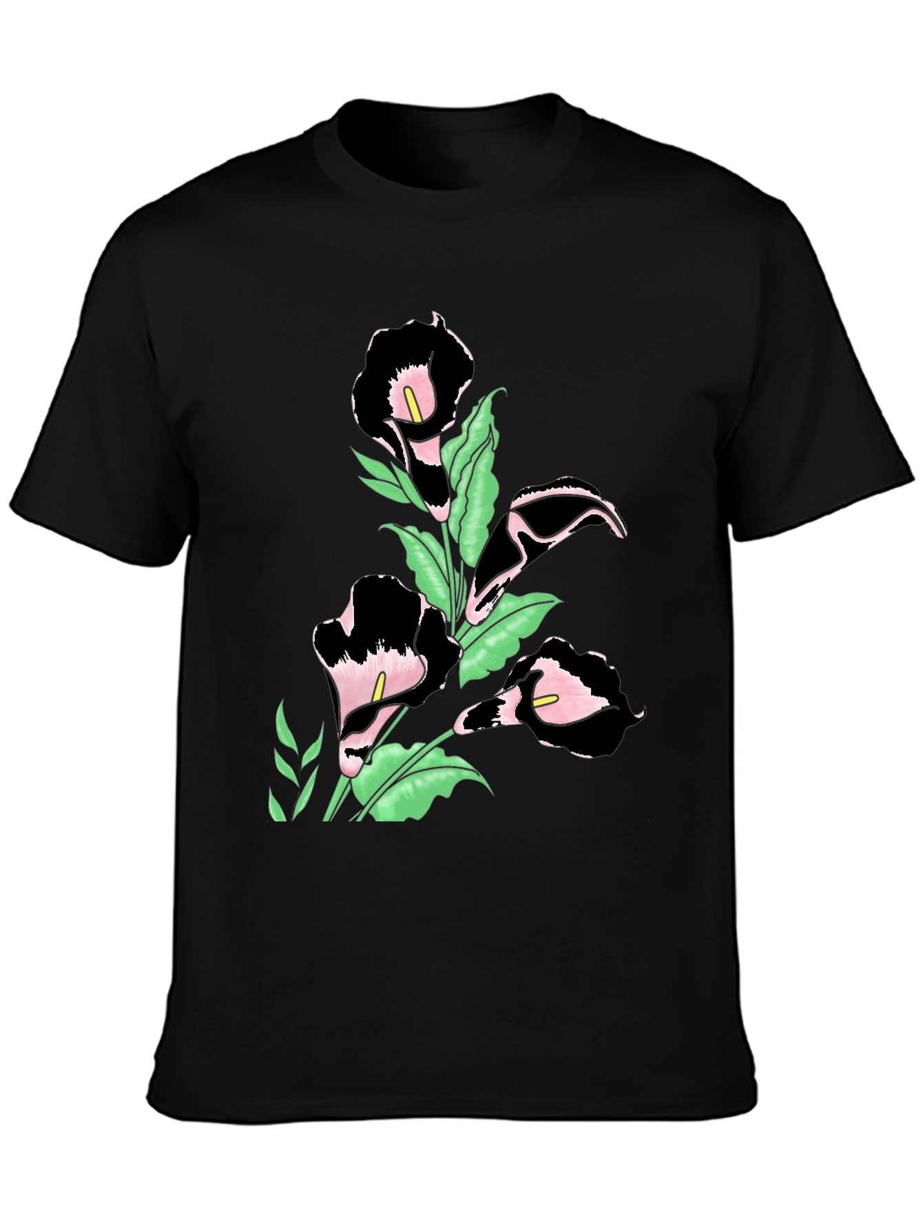 Elegant Floral Print Black T-Shirt