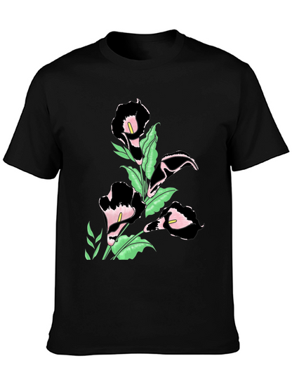 Elegant Floral Print Black T-Shirt