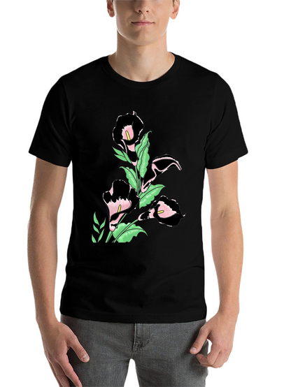 Elegant Floral Print Black T-Shirt