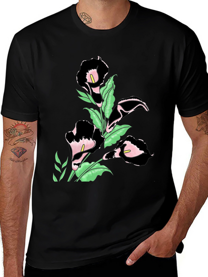 Elegant Floral Print Black T-Shirt