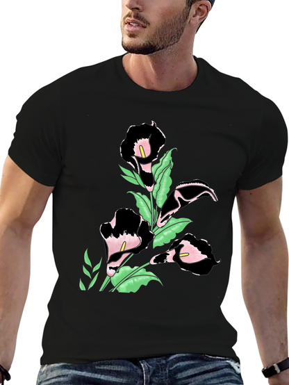 Elegant Floral Print Black T-Shirt