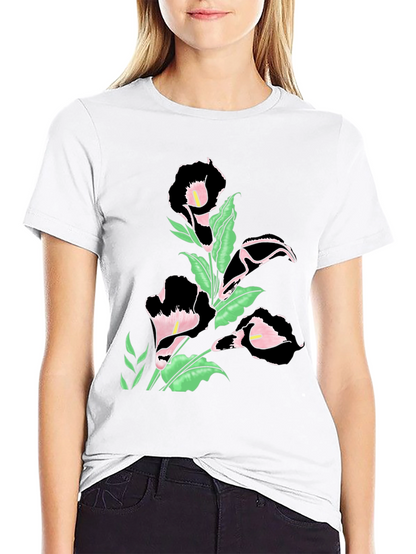 Elegant Floral Print Black T-Shirt