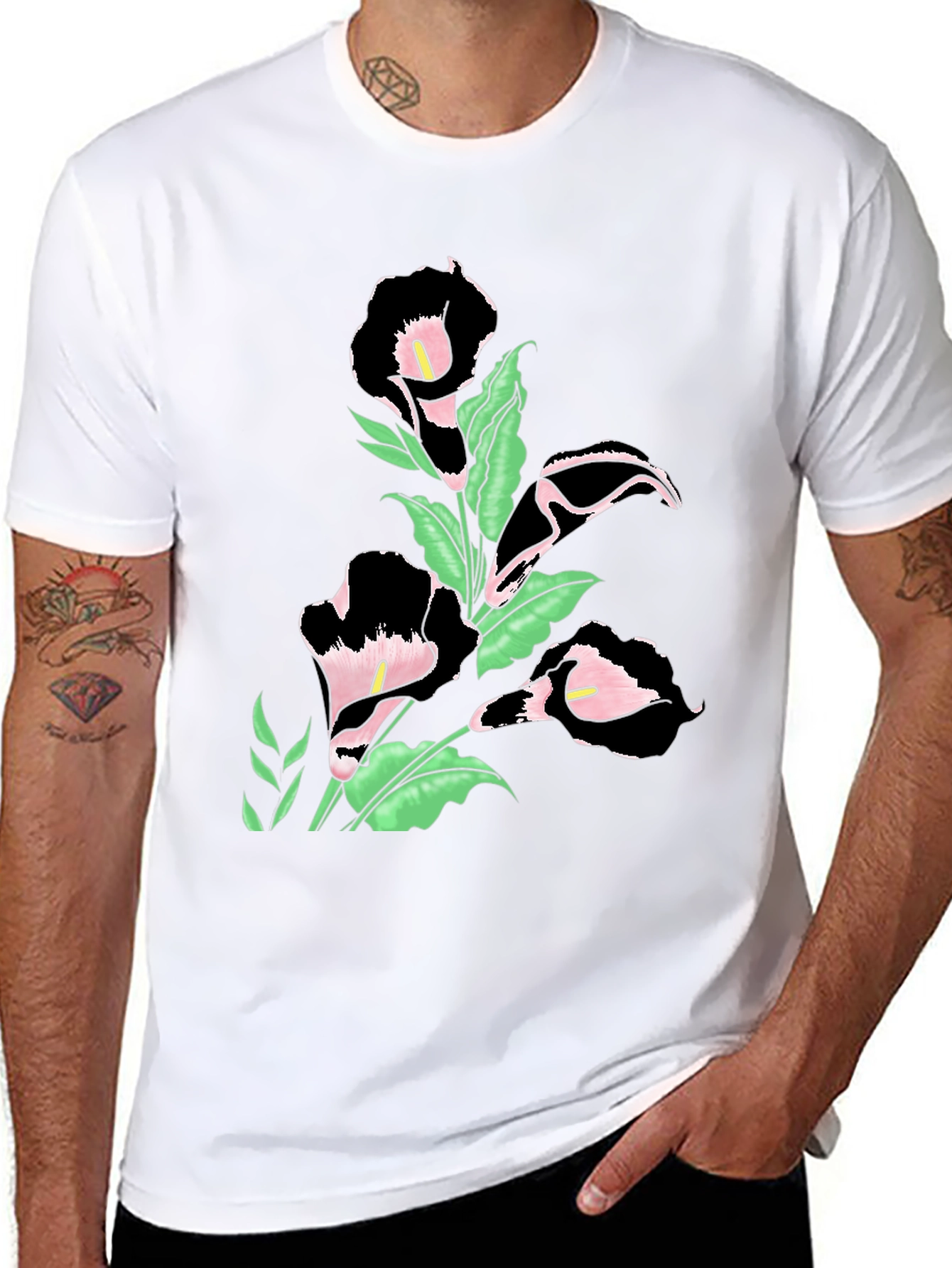 Elegant Floral Print Black T-Shirt