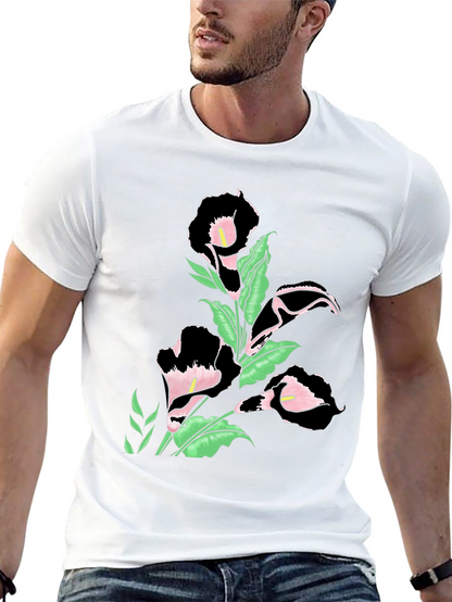 Elegant Floral Print Black T-Shirt