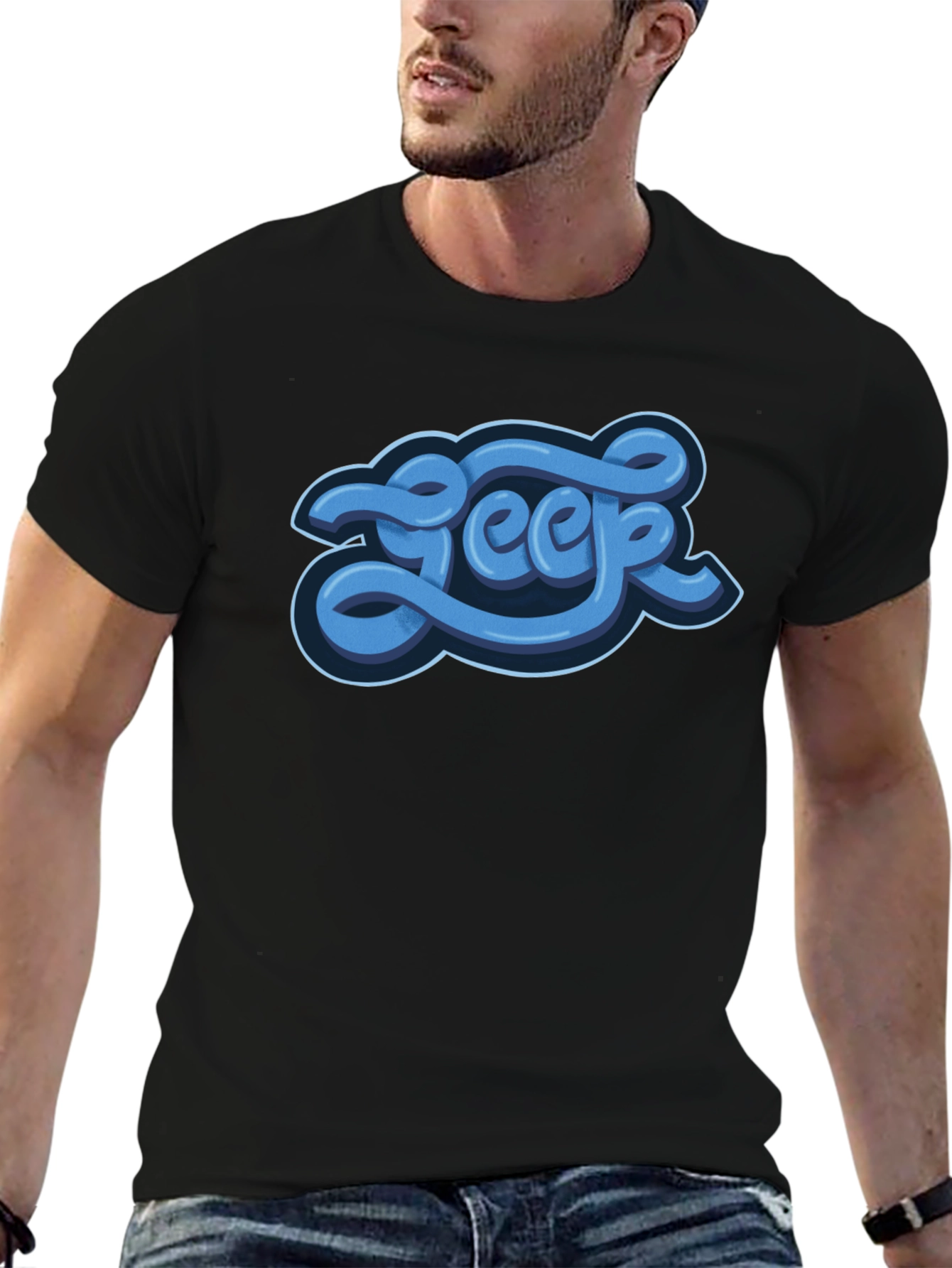 Stylish Graphic Tee - Blue Word Design