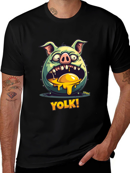 YOLK! Funny Pig-Egg Graphic Black T-Shirt