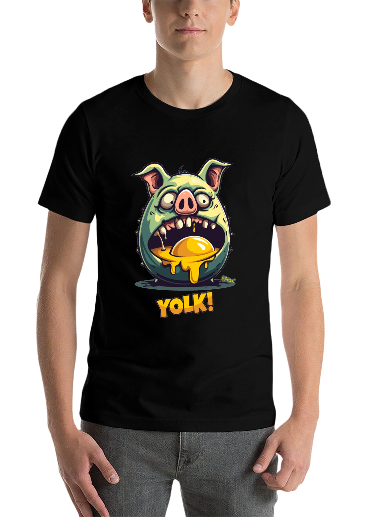 YOLK! Funny Pig-Egg Graphic Black T-Shirt