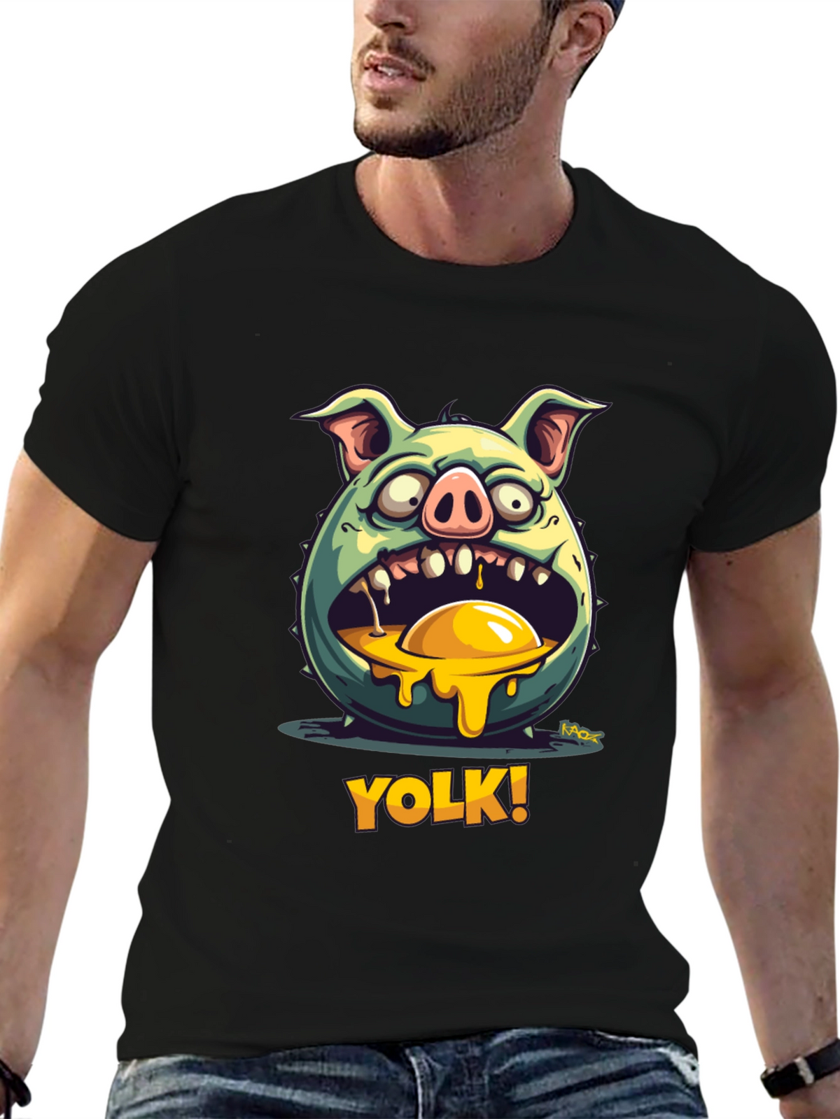 YOLK! Funny Pig-Egg Graphic Black T-Shirt