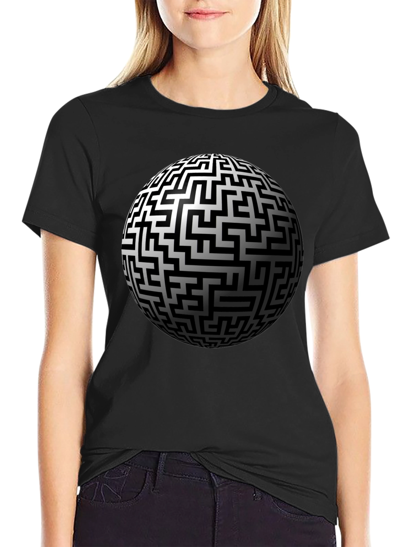Maze Sphere Graphic Tee - Black Cotton Casual Wear