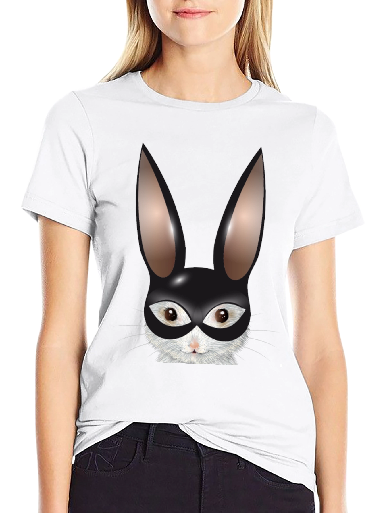 Bunny Mask Graphic Tee - Black Cotton Blend T-Shirt