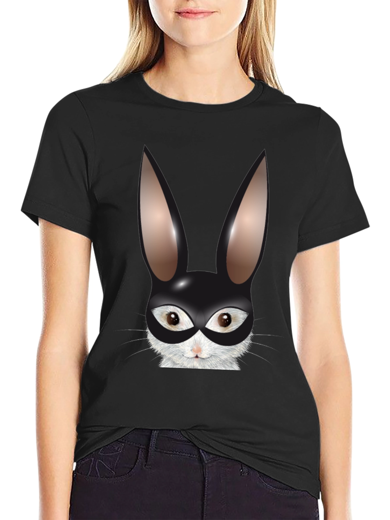 Bunny Mask Graphic Tee - Black Cotton Blend T-Shirt