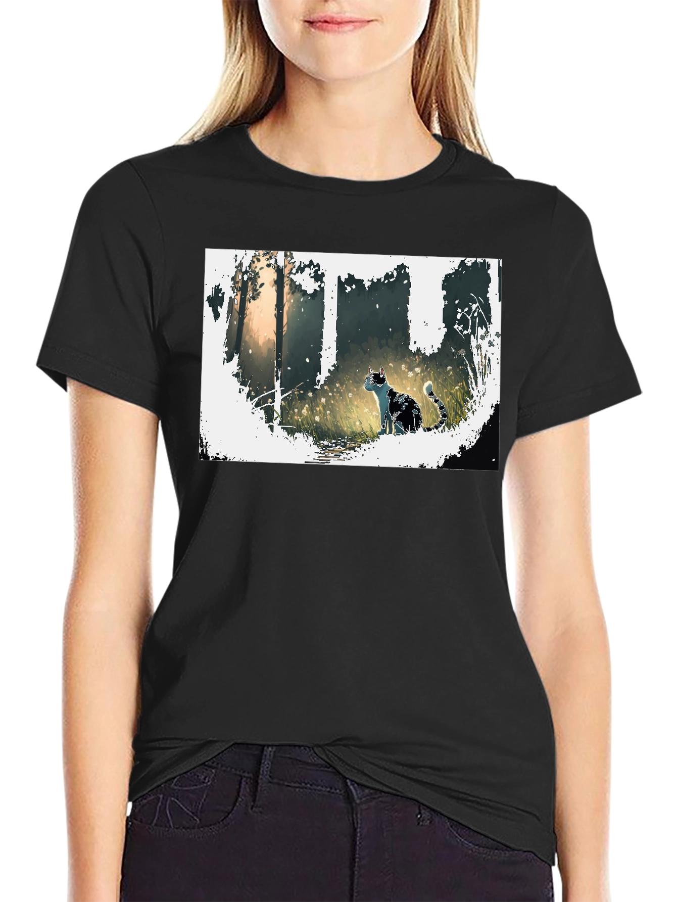 Nature Cat Graphic Tee - Stylish Black T-Shirt