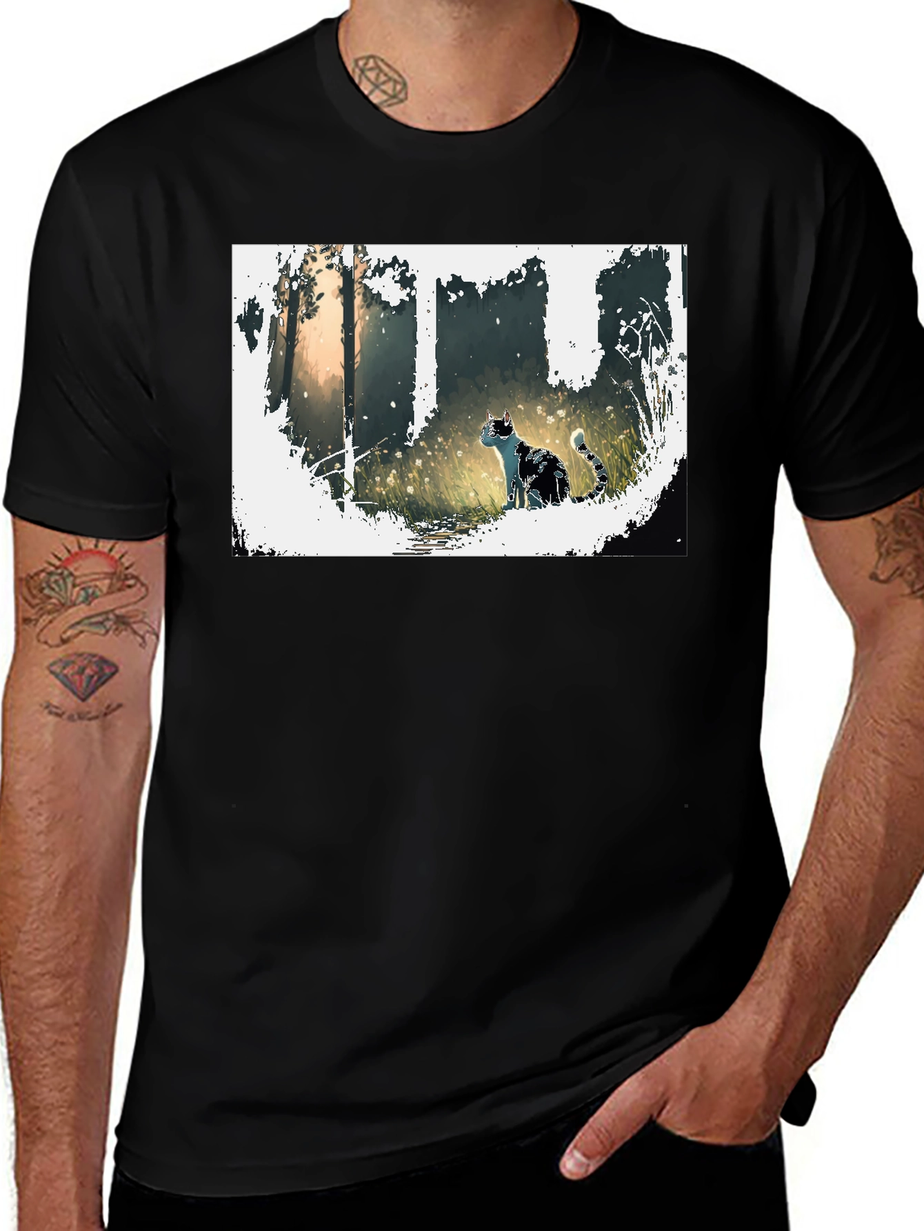 Nature Cat Graphic Tee - Stylish Black T-Shirt