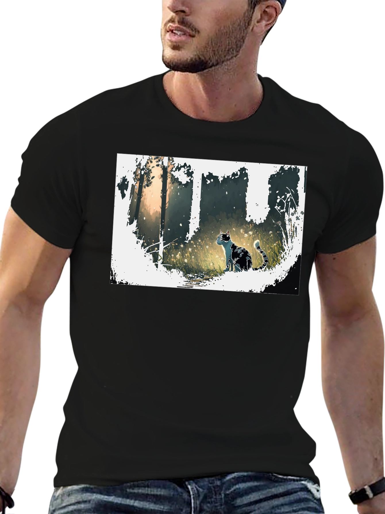 Nature Cat Graphic Tee - Stylish Black T-Shirt