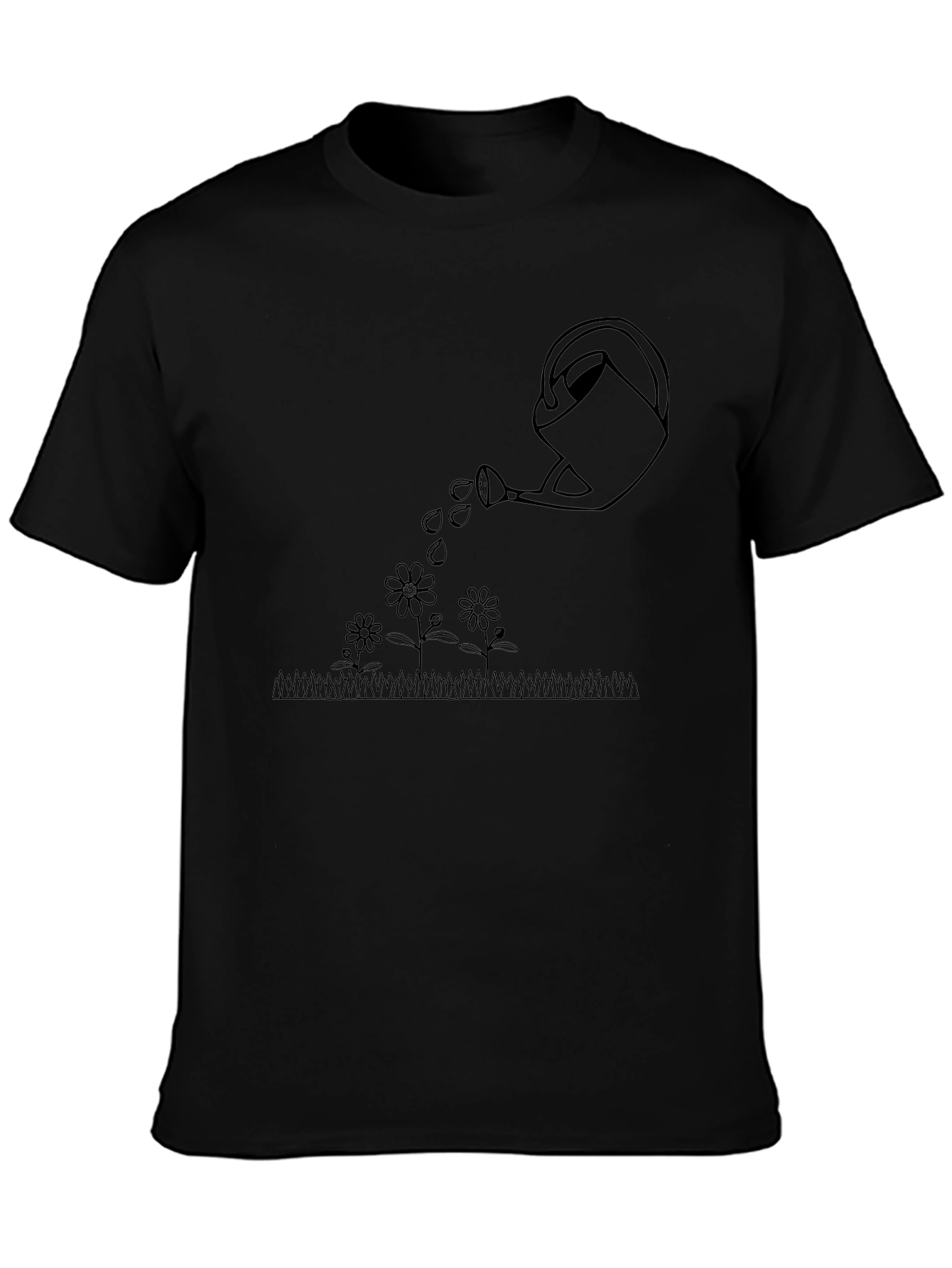 Watering Can Flowers Graphic Tee - Black Cotton T-Shirt