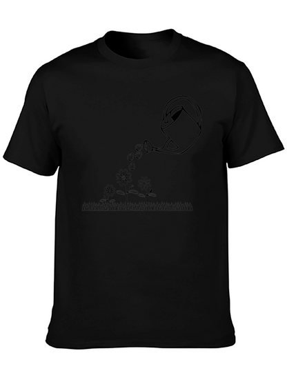 Watering Can Flowers Graphic Tee - Black Cotton T-Shirt