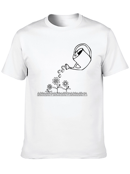 Watering Can Flowers Graphic Tee - Black Cotton T-Shirt