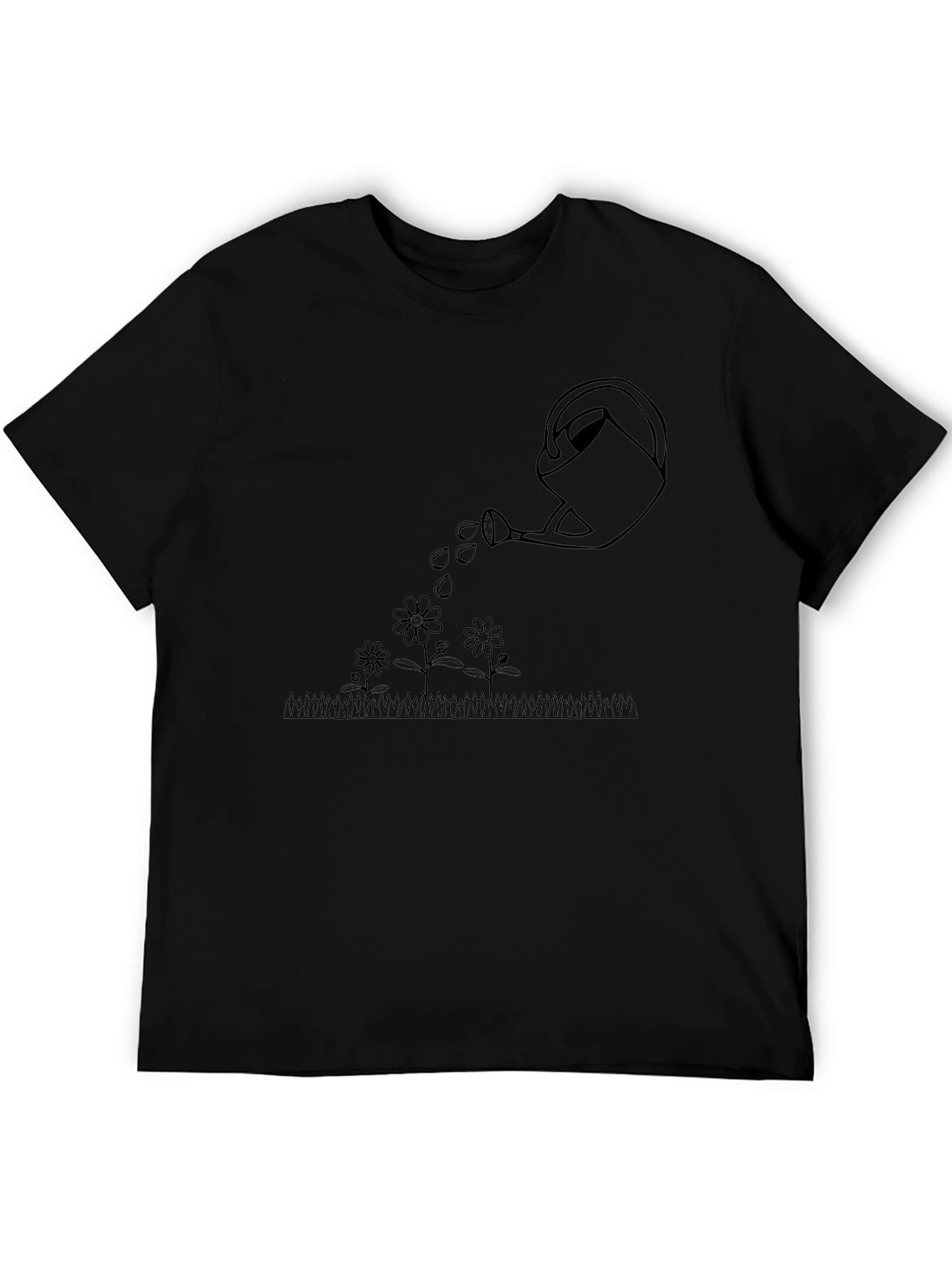 Watering Can Flowers Graphic Tee - Black Cotton T-Shirt