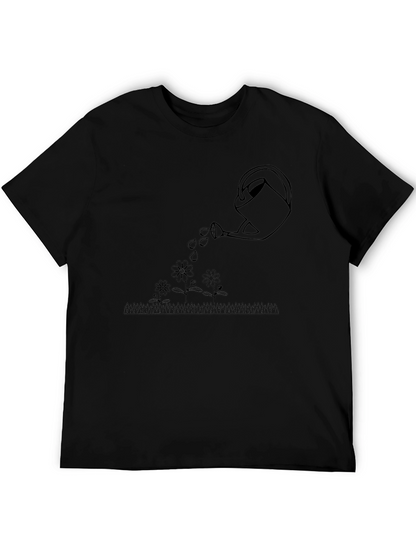 Watering Can Flowers Graphic Tee - Black Cotton T-Shirt