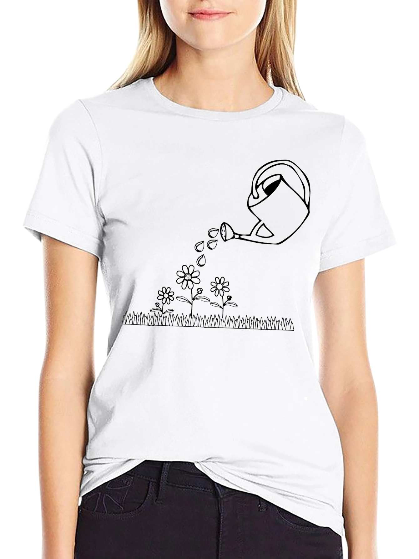 Watering Can Flowers Graphic Tee - Black Cotton T-Shirt