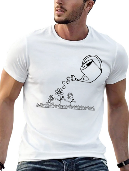 Watering Can Flowers Graphic Tee - Black Cotton T-Shirt
