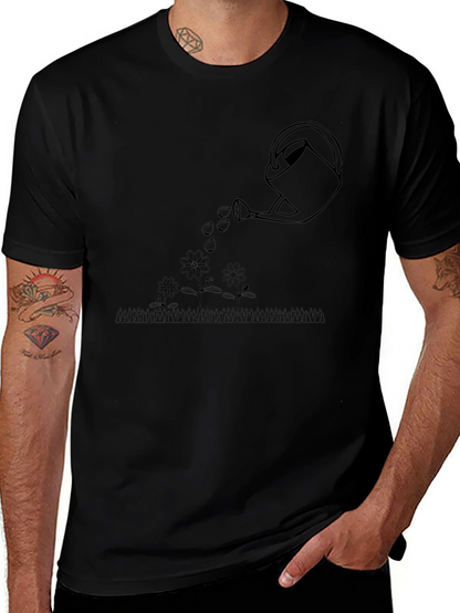 Watering Can Flowers Graphic Tee - Black Cotton T-Shirt