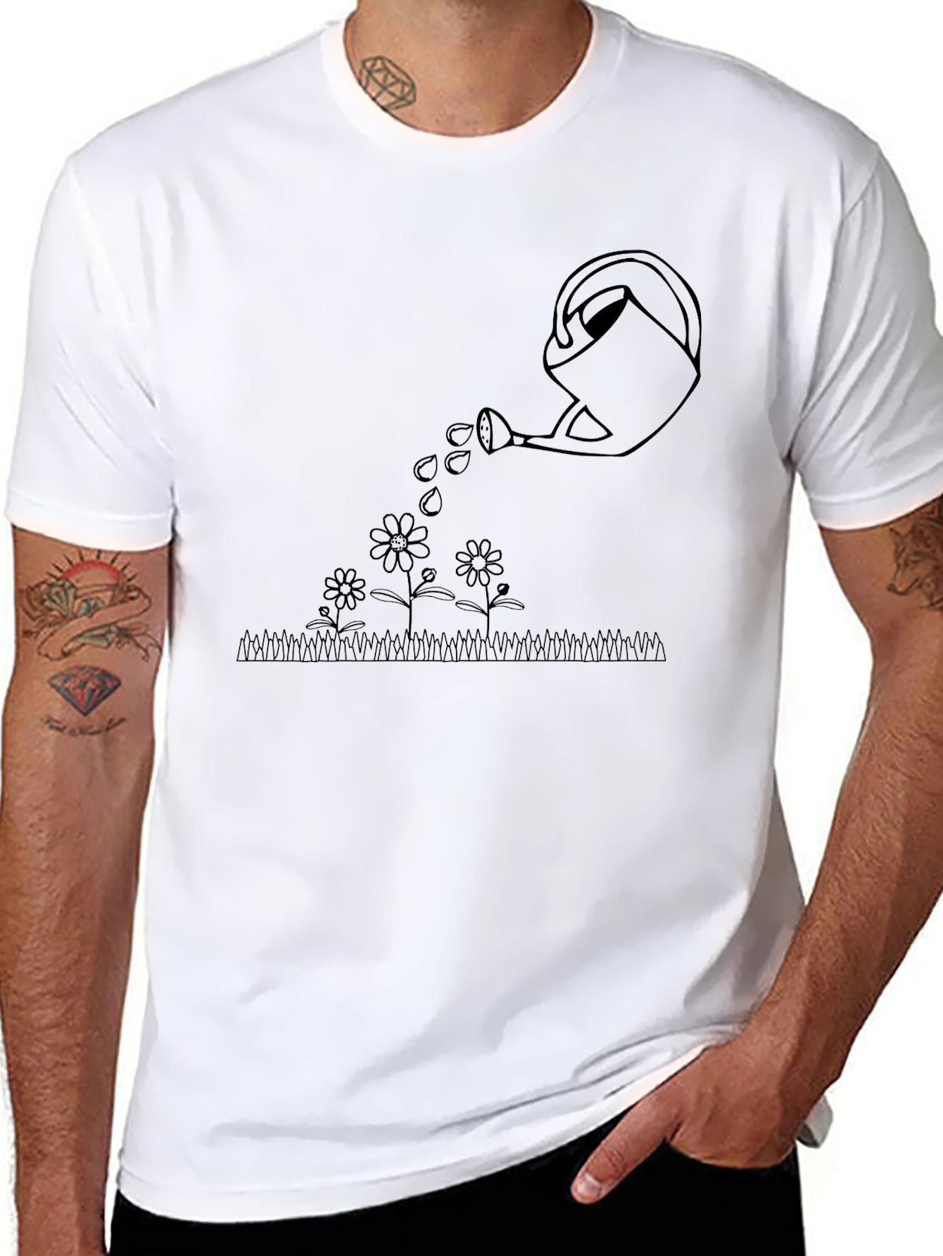 Watering Can Flowers Graphic Tee - Black Cotton T-Shirt