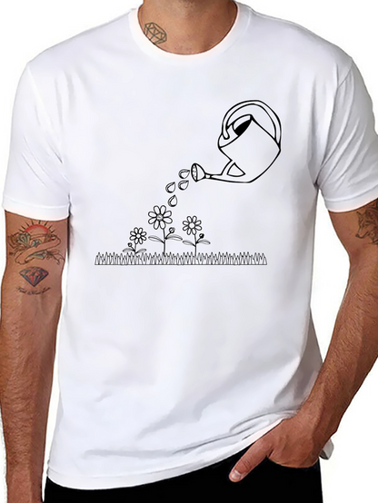 Watering Can Flowers Graphic Tee - Black Cotton T-Shirt