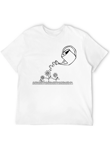 Watering Can Flowers Graphic Tee - Black Cotton T-Shirt