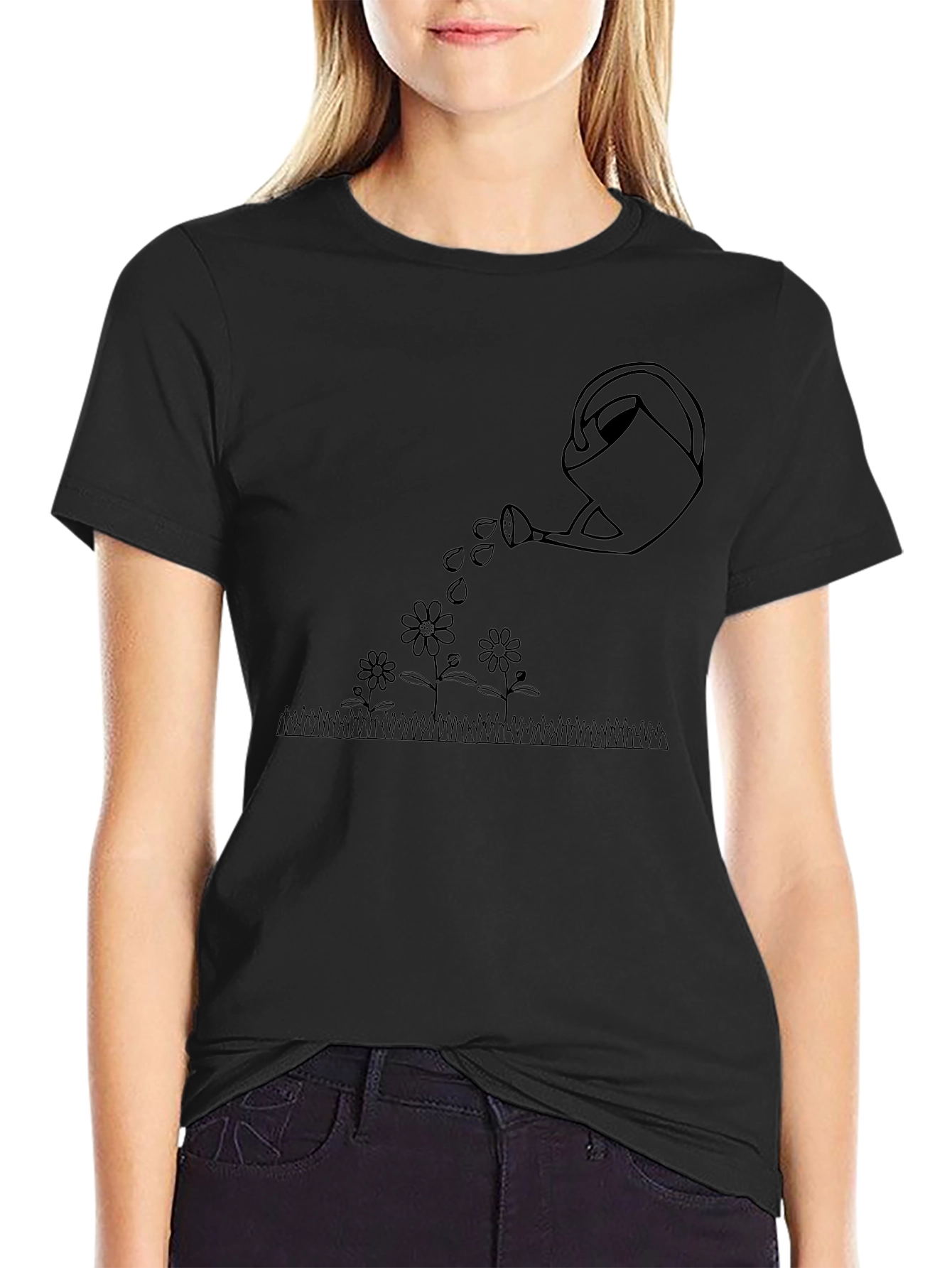 Watering Can Flowers Graphic Tee - Black Cotton T-Shirt