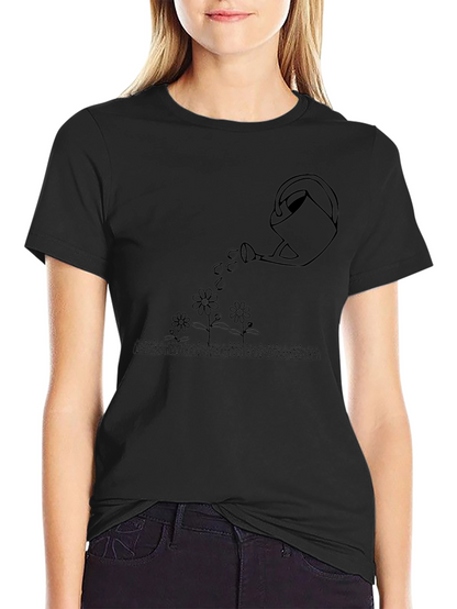 Watering Can Flowers Graphic Tee - Black Cotton T-Shirt