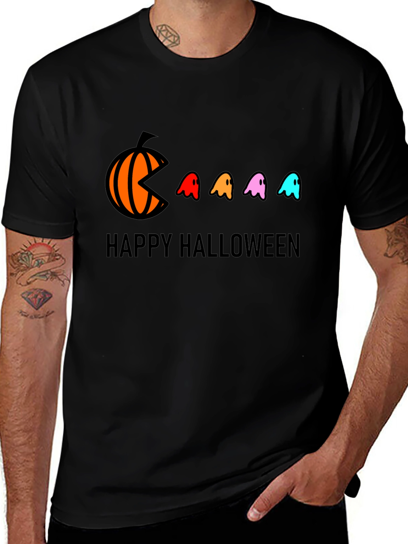 Happy Halloween T-Shirt - Pumpkin Pacman Ghost Design