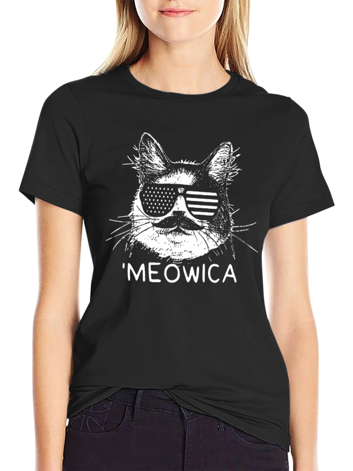 Meowica Cat Sunglasses Patriotic USA T-Shirt