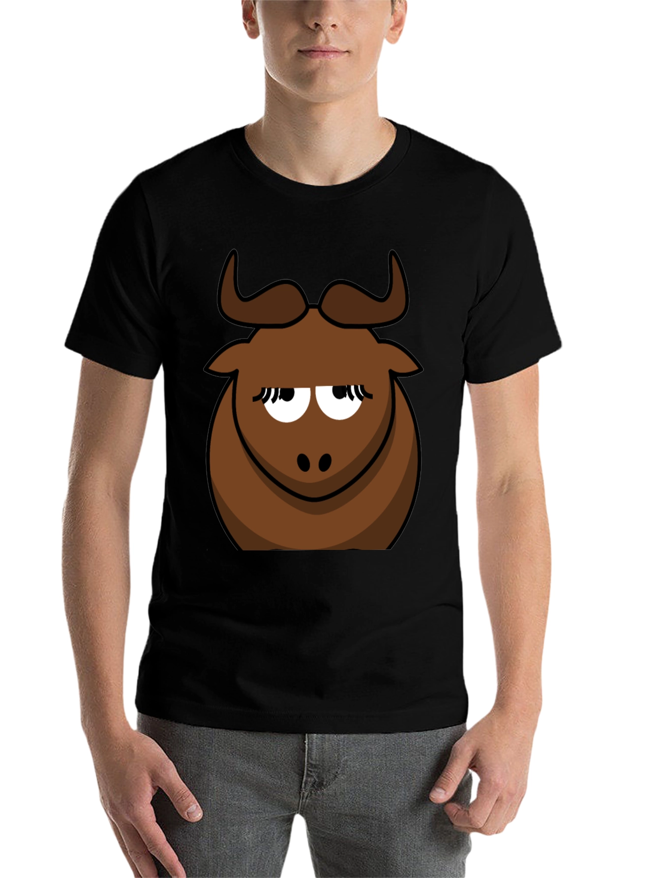 Funny Cartoon Bull Graphic Tee - Black Cotton T-Shirt