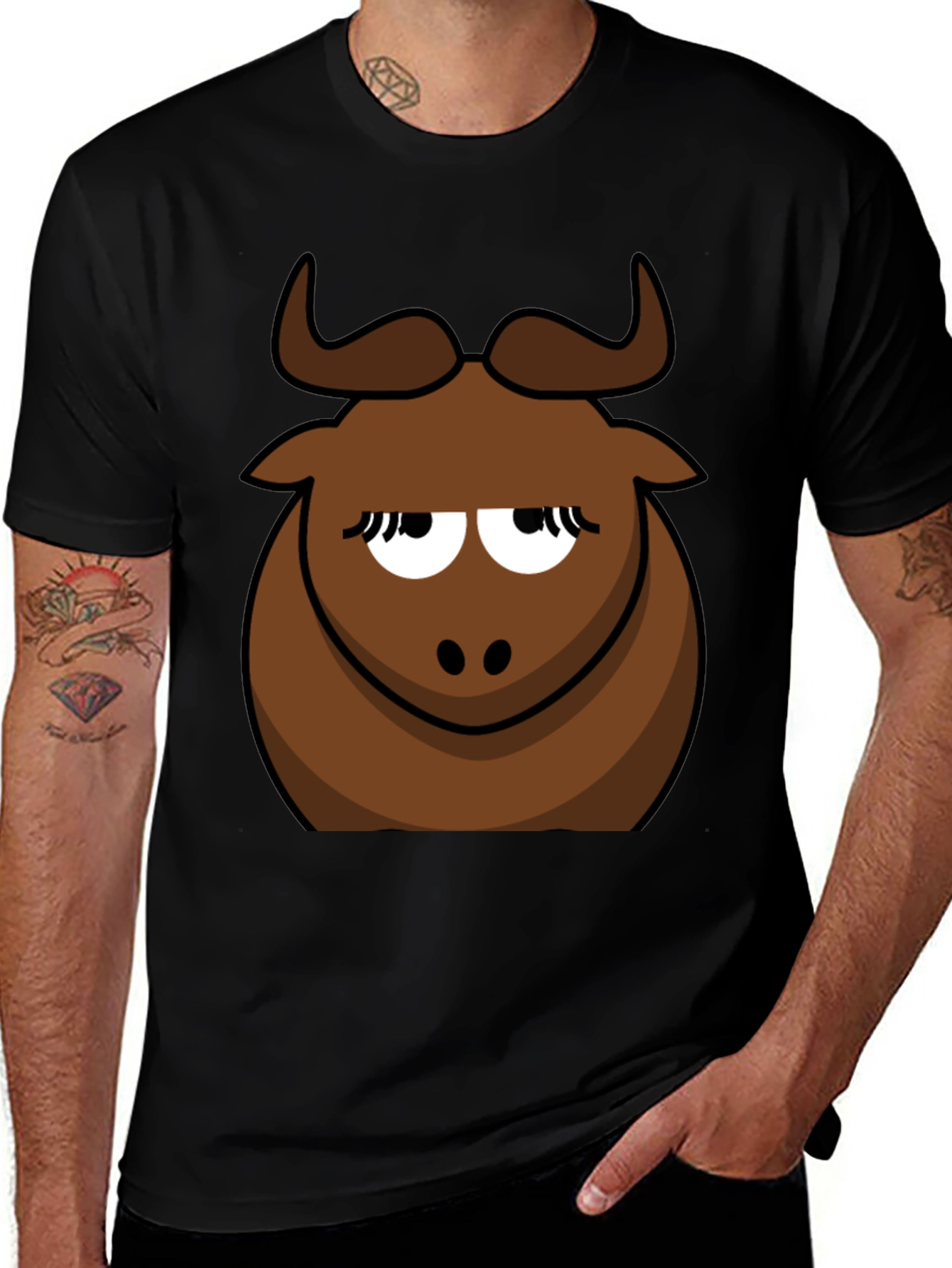 Funny Cartoon Bull Graphic Tee - Black Cotton T-Shirt