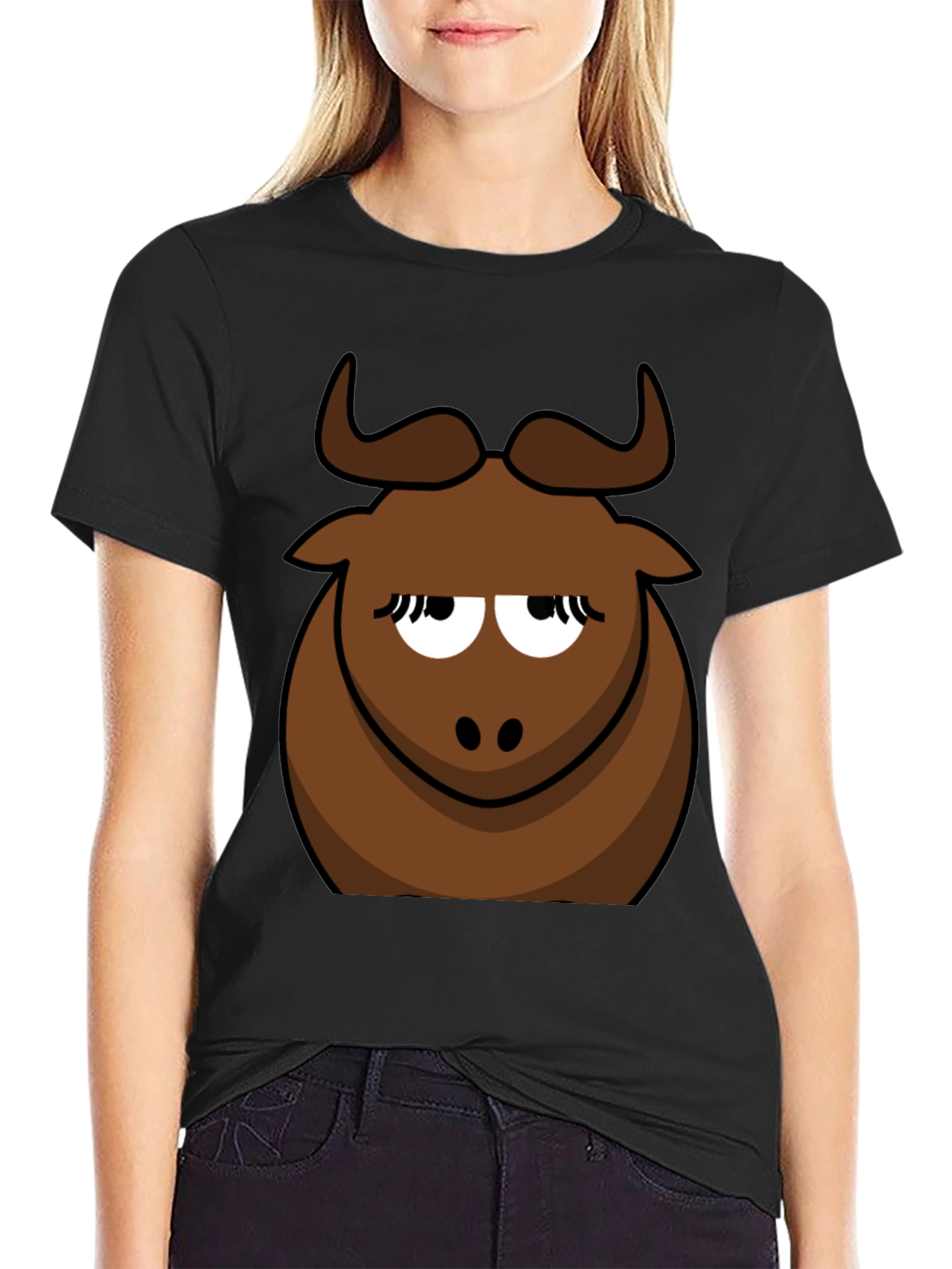 Funny Cartoon Bull Graphic Tee - Black Cotton T-Shirt