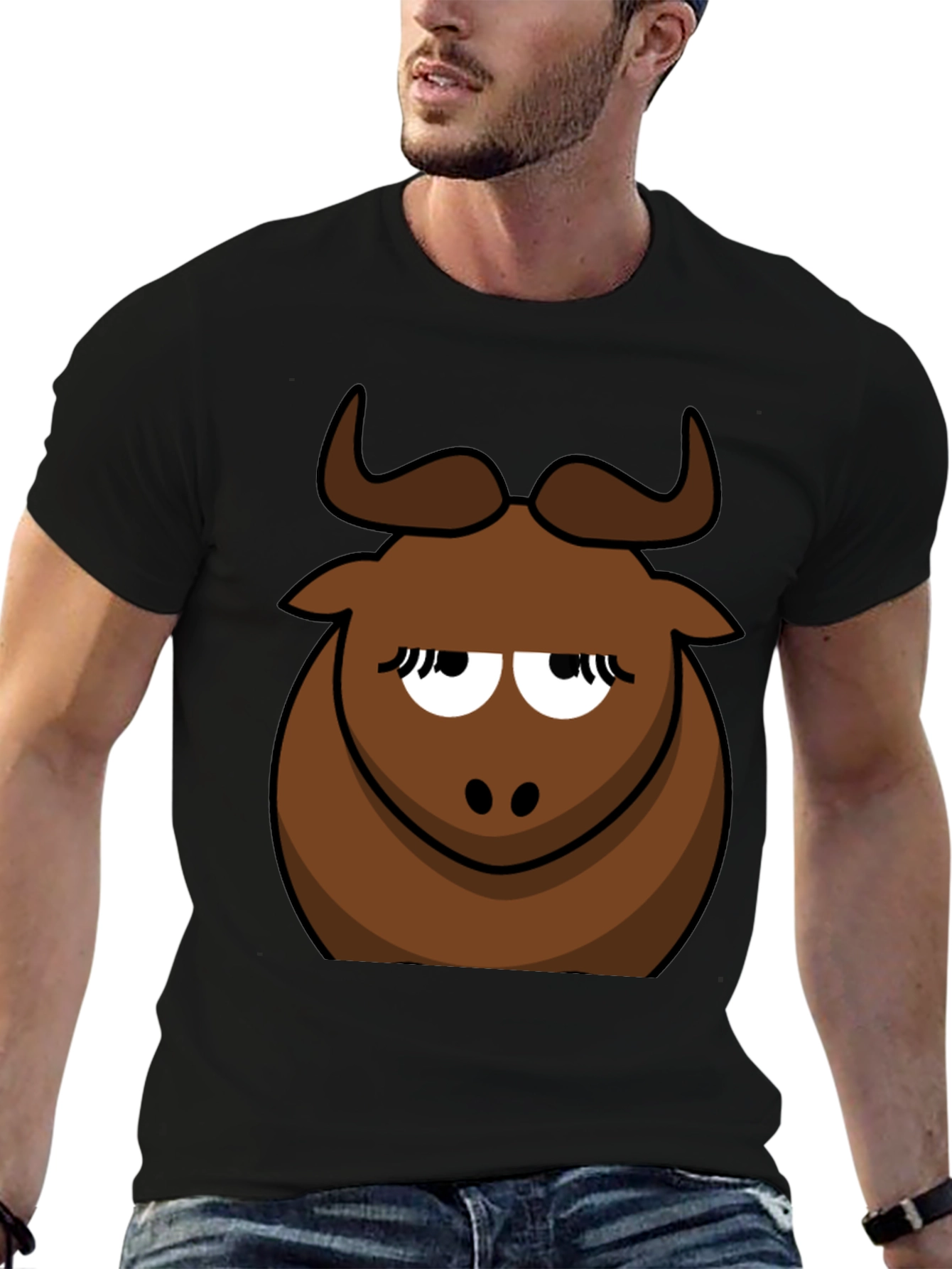 Funny Cartoon Bull Graphic Tee - Black Cotton T-Shirt