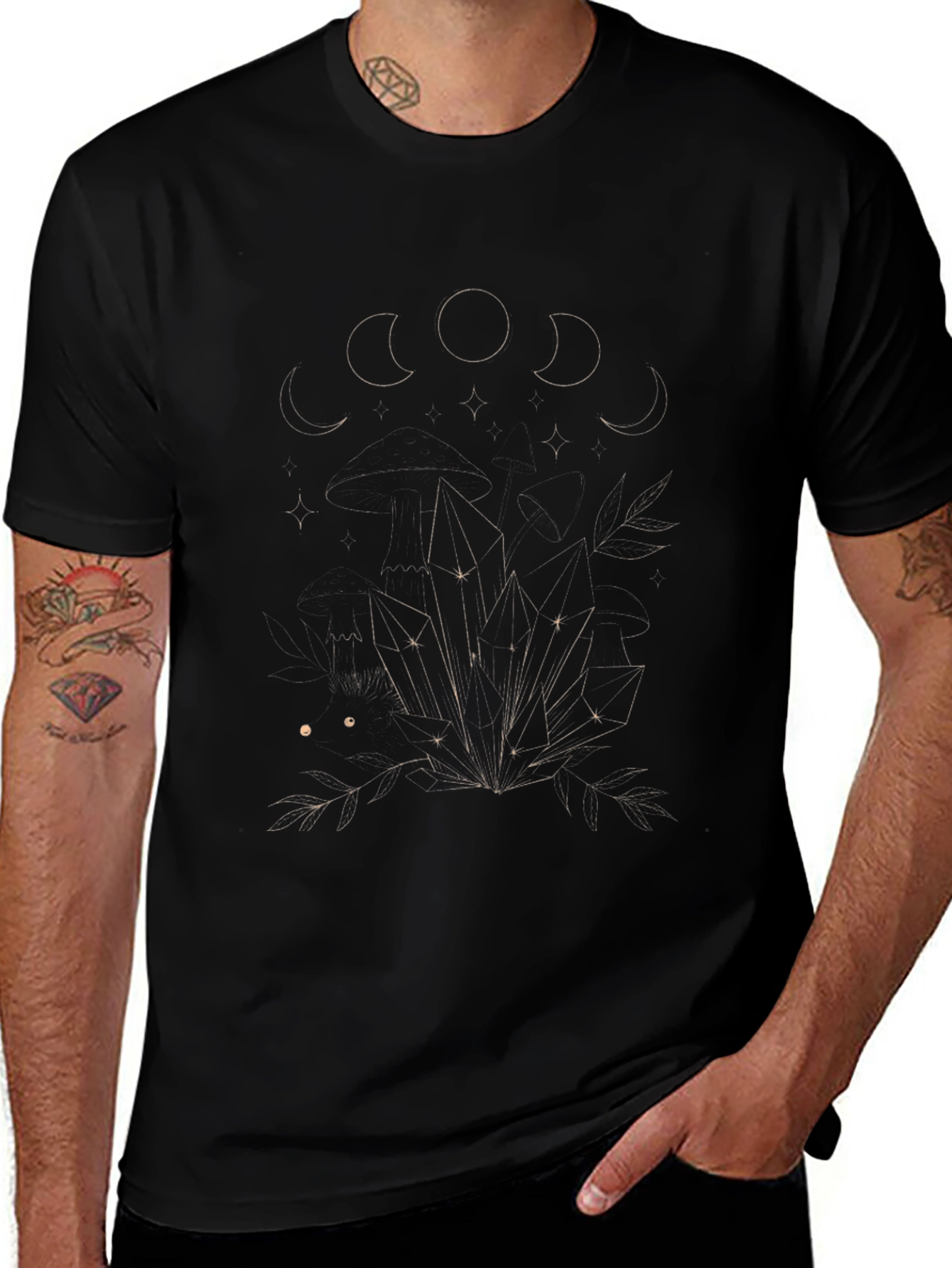 Mystic Moon Phases & Crystals Black T-Shirt
