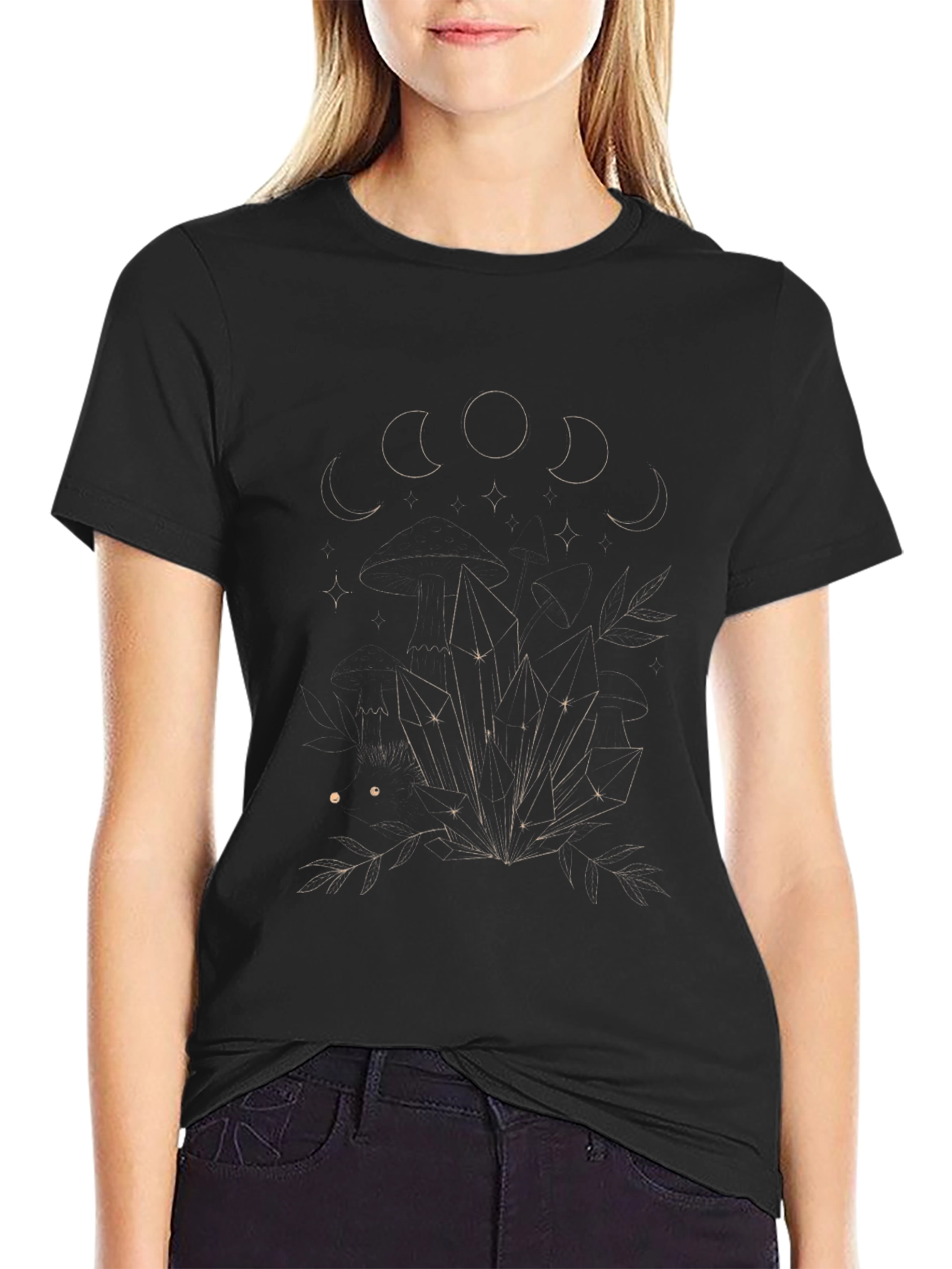 Mystic Moon Phases & Crystals Black T-Shirt