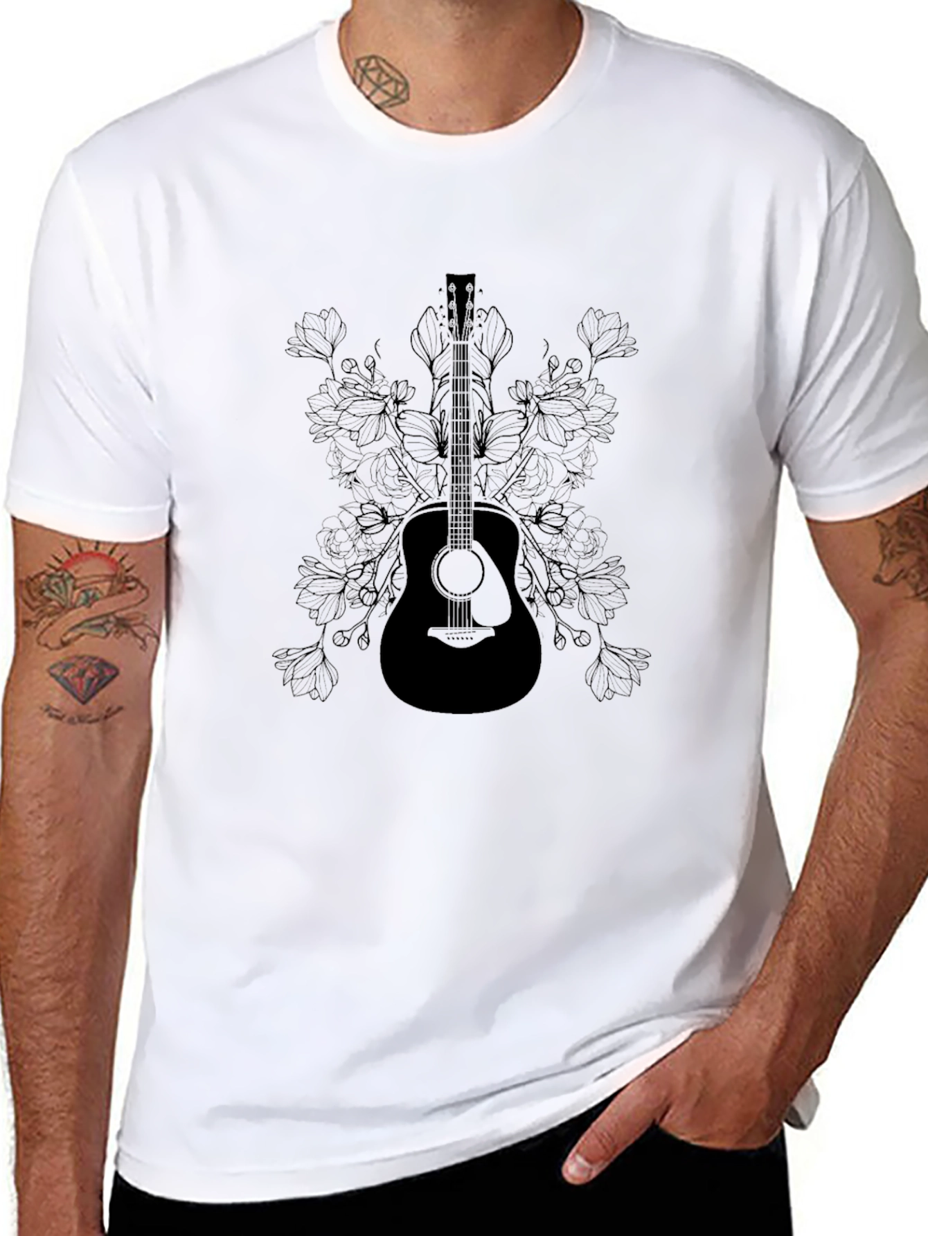 Guitar & Floral Graphic Tee - Black