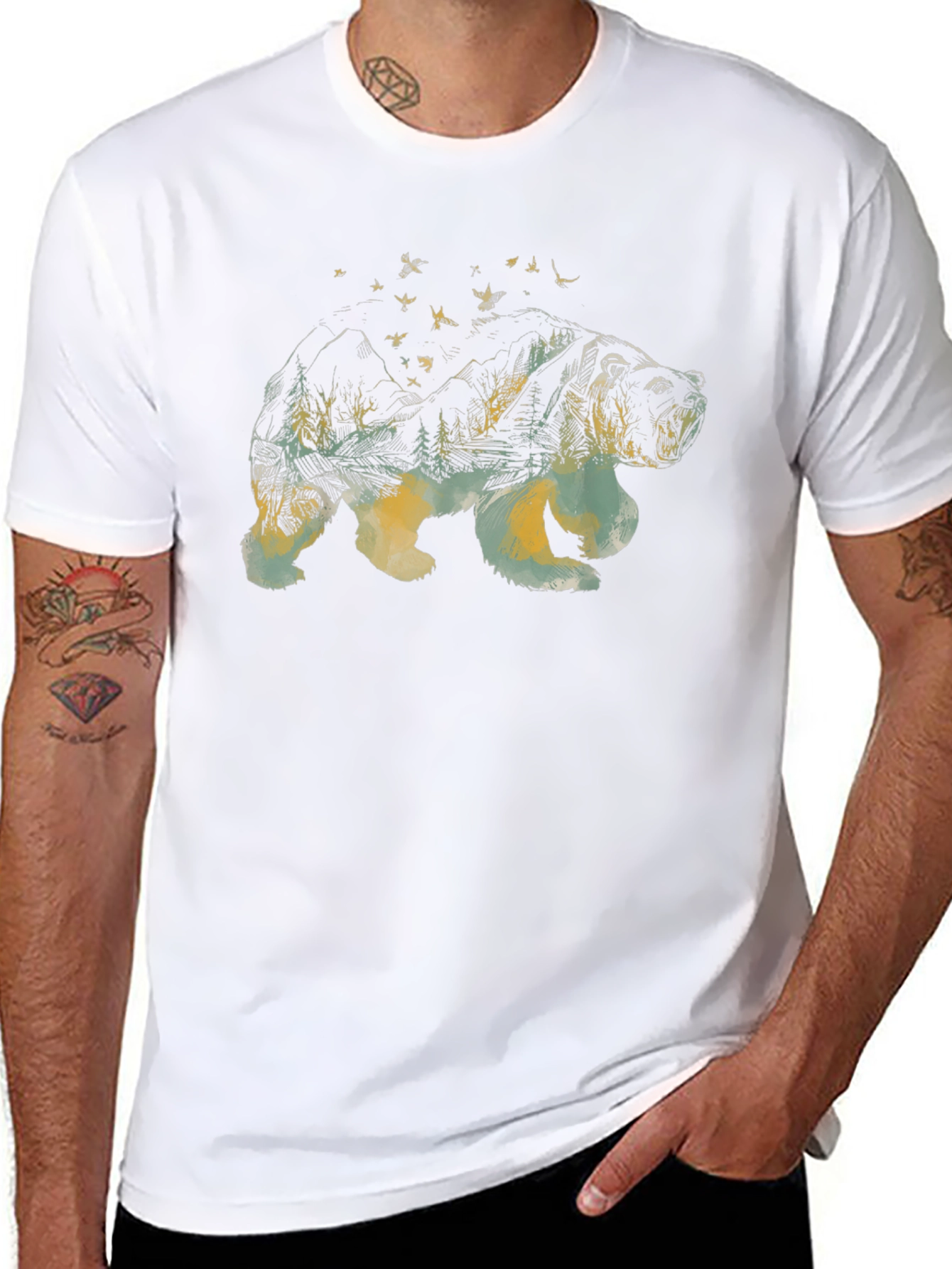 Bear Landscape Graphic Tee - Black Cotton Comfort