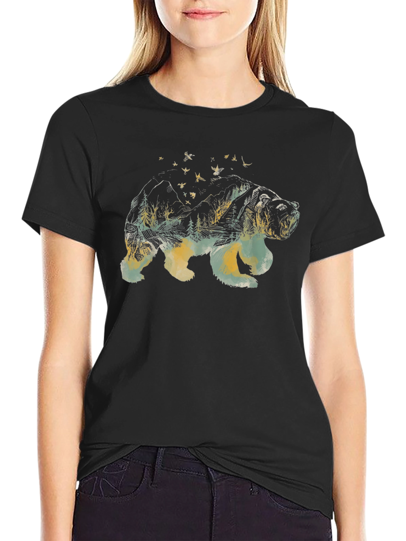 Bear Landscape Graphic Tee - Black Cotton Comfort