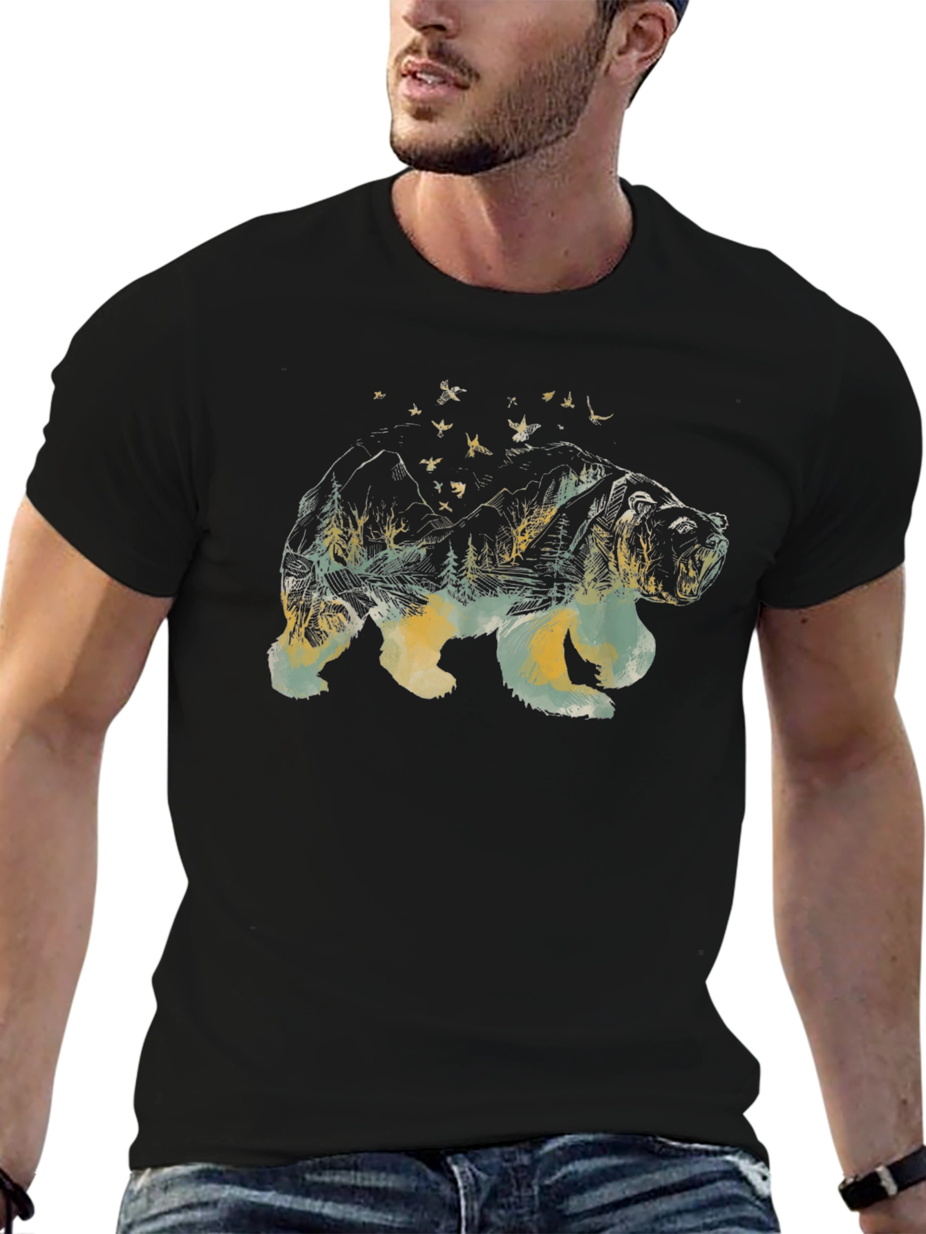 Bear Landscape Graphic Tee - Black Cotton Comfort