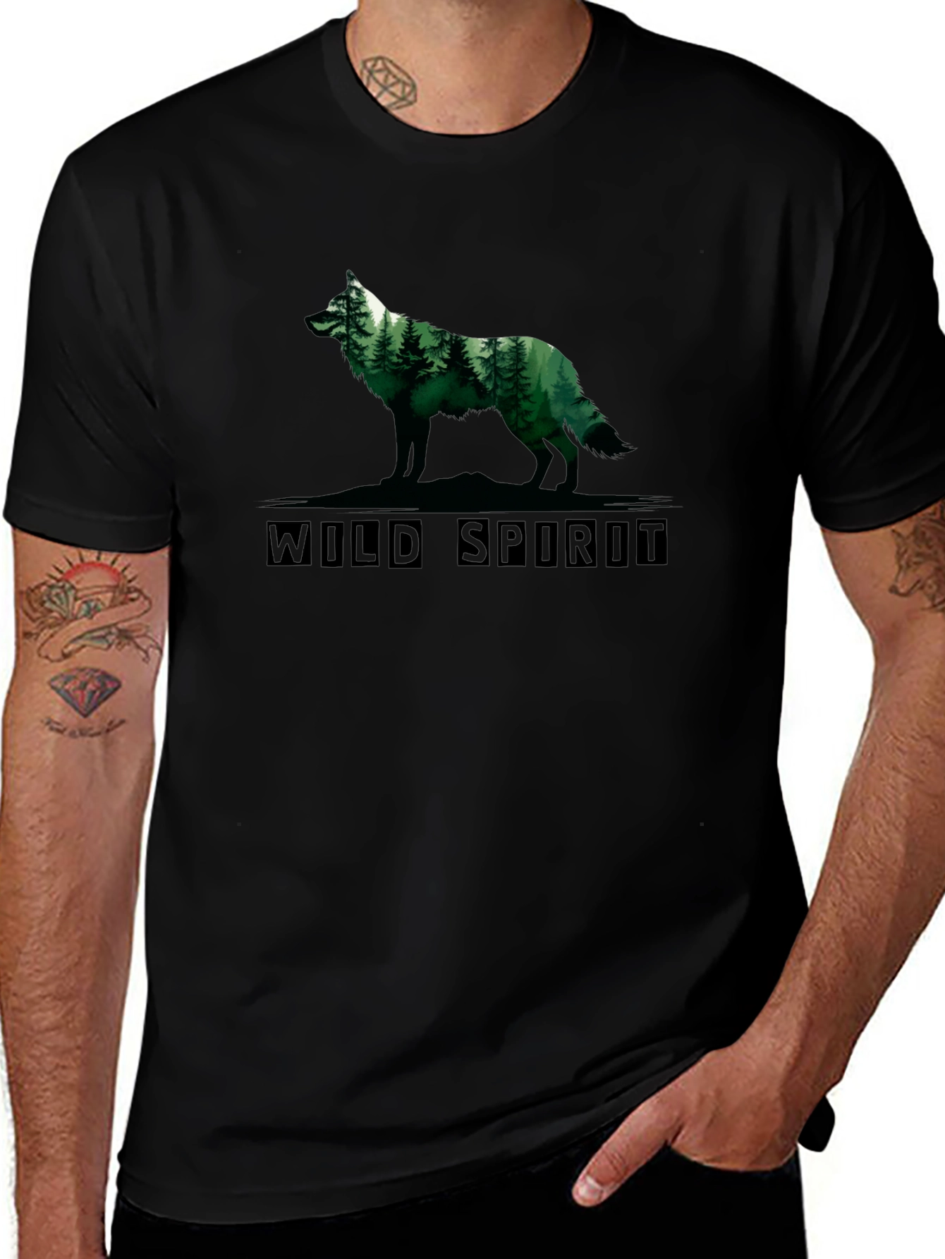 Wild Spirit Wolf Forest Graphic Tee - Black