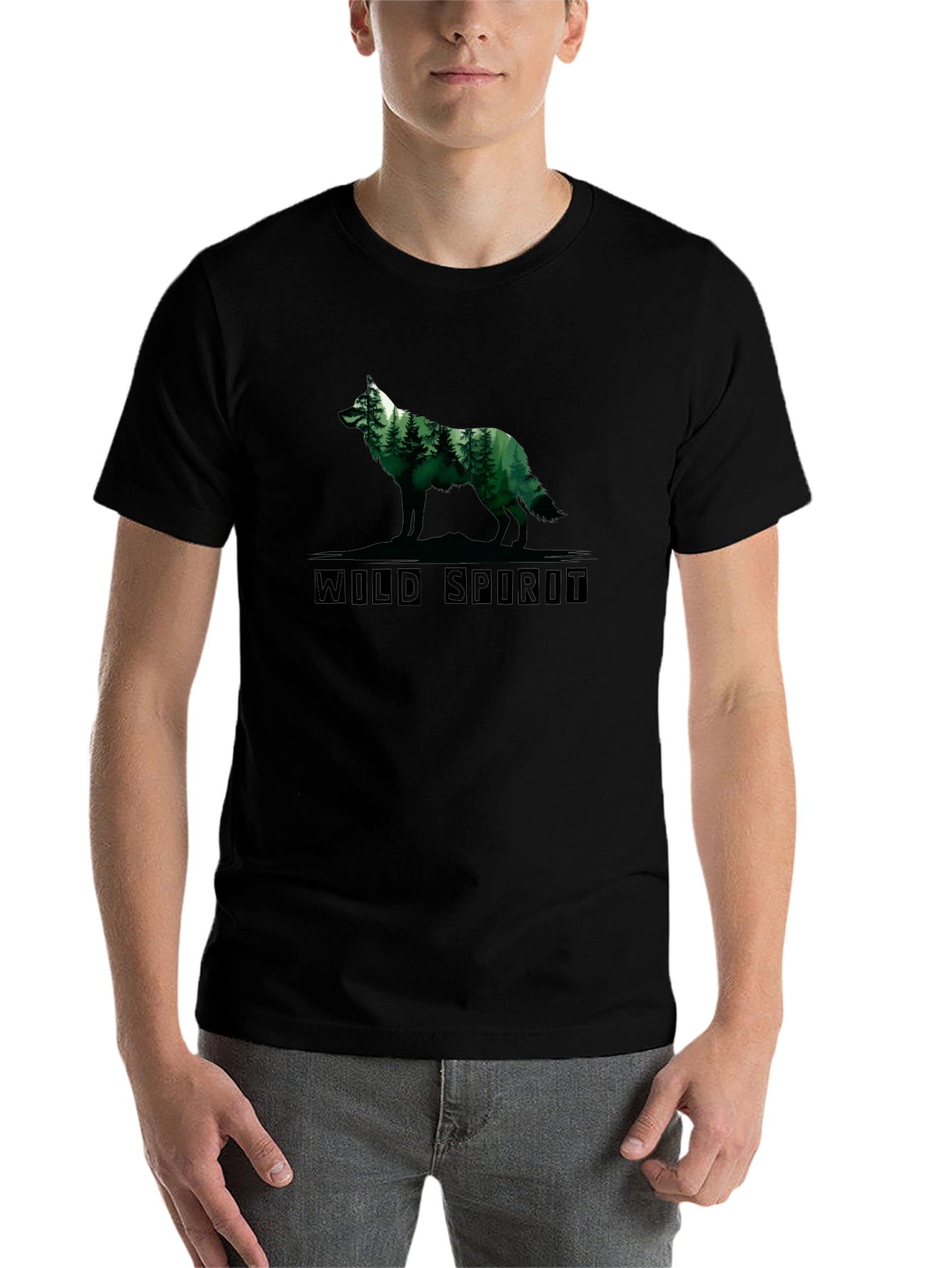 Wild Spirit Wolf Forest Graphic Tee - Black