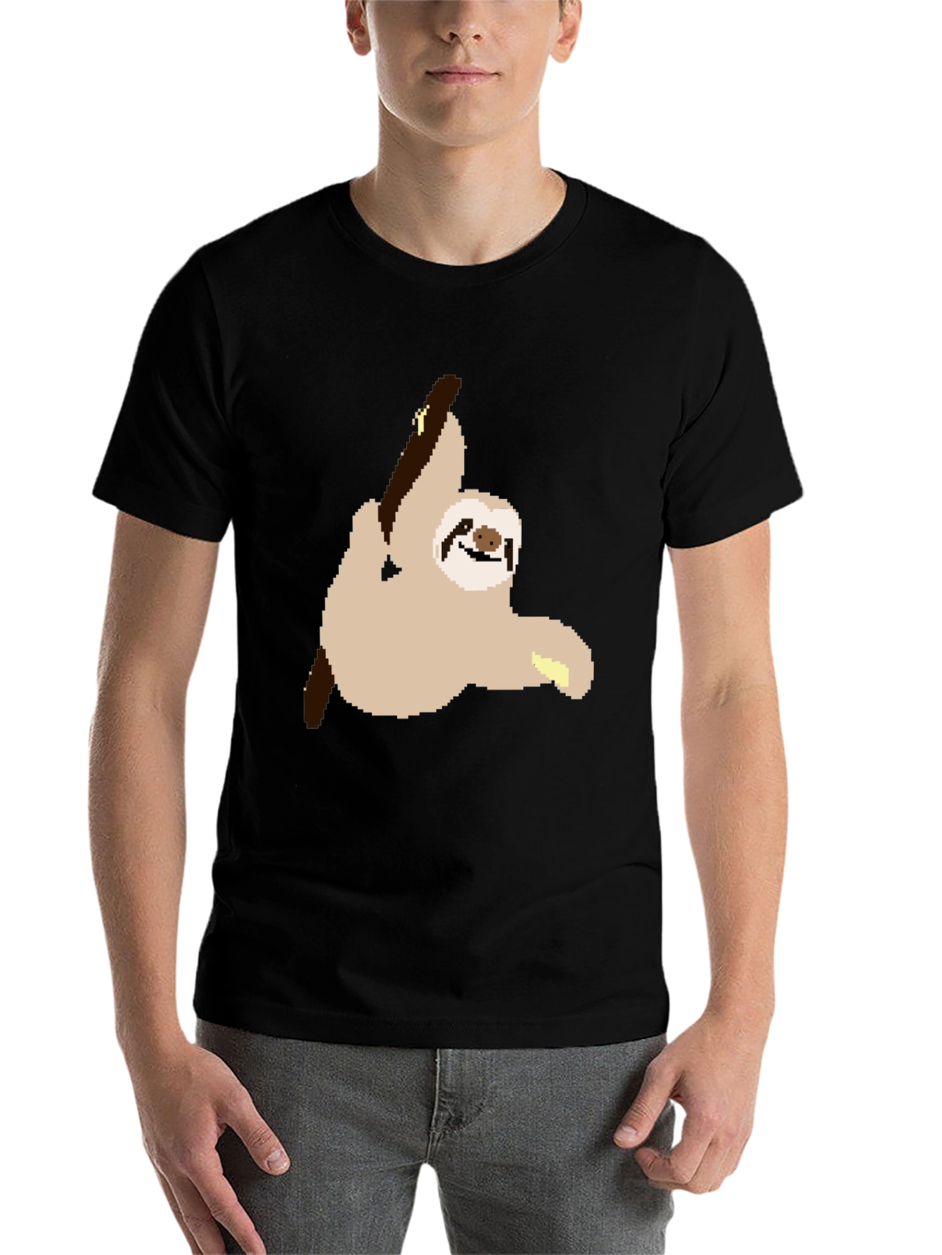 Pixel Sloth on Black T-Shirt