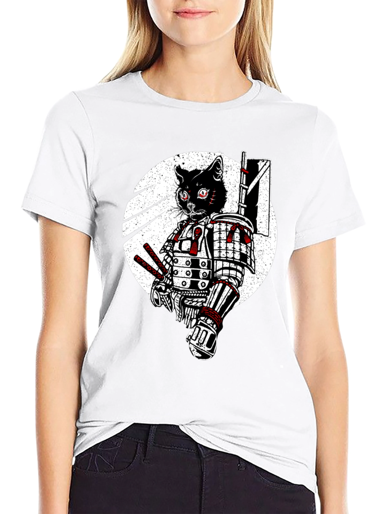 Samurai Cat Graphic Tee - Black Cotton T-Shirt